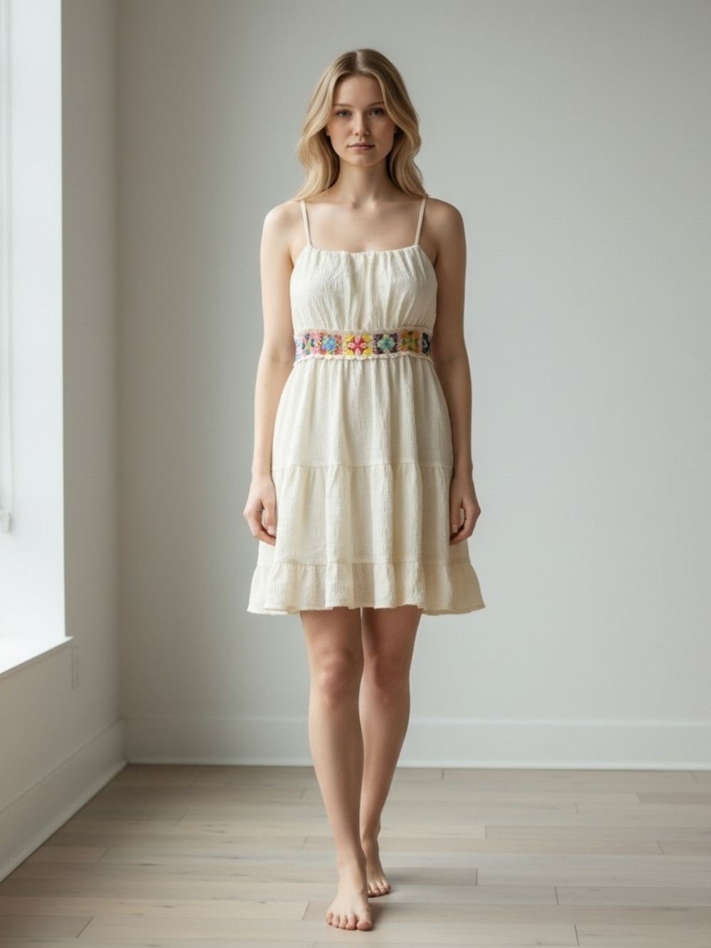 Beautiful Cream Spaghetti-Strap Tiered Dress with Multicolor Embroidered Waist